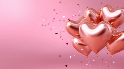Obraz premium Pink heart shaped foil balloons floating with confetti on pastel background representing love, celebration and romantic event.