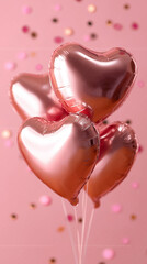 Obraz premium Pink heart shaped foil balloons floating with confetti on pastel background representing love, celebration and romantic event.