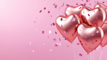 Obraz premium Pink heart shaped foil balloons floating with confetti on pastel background representing love, celebration and romantic event.