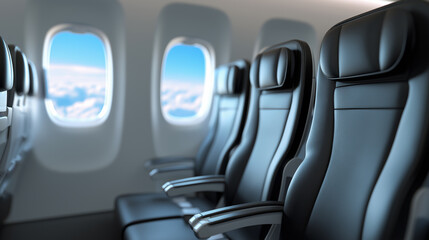 Obraz premium Empty airplane passenger seats next to aircraft window inside modern commercial airplane cabin.