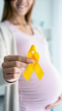 Pregnant woman holding yellow awareness ribbon, endometriosis awareness month focus, chronic pain awareness message, reproductive health support, women&rsquo;s health advocacy, medical awareness campaign