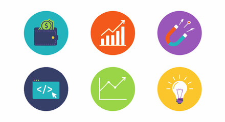 Fototapeta premium Collection of business and finance icons including wallet, growth chart, magnet, coding symbol, rising graph, and light bulb, on an isolated white background.