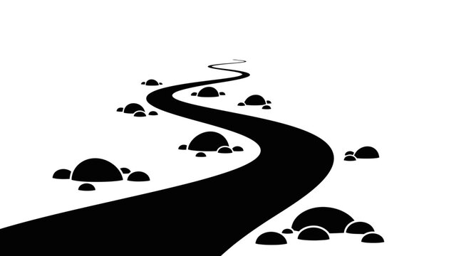 Winding road path with scattered stones, symbolizing a journey or challenge, rendered in black silhouette on an isolated white background.