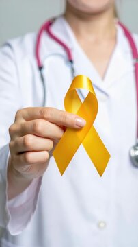 Yellow ribbon held by clinician, endometriosis awareness month campaign, healthcare support for pelvic pain, painful periods infertility Endometriosis Awareness Month
