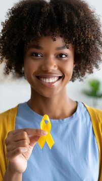 Young woman holding yellow ribbon for endometriosis awareness month, chronic pelvic pain advocacy, reproductive health education, hormonal imbalance condition, infertility support, medical campaign