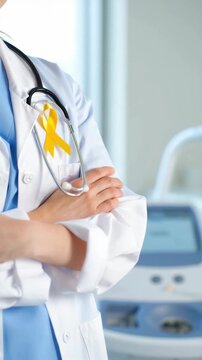 Yellow ribbon on a doctor's coat symbolizing endometriosis awareness, medical support in a clinical setting, healthcare professional highlighting health issues, Endometriosis Awareness Month