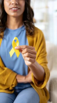Woman holding yellow ribbon for endometriosis awareness, pelvic pain, painful periods, infertility, ivf iui, hormone imbalance, inflammation, diagnosis delay, excision surgery, support, care