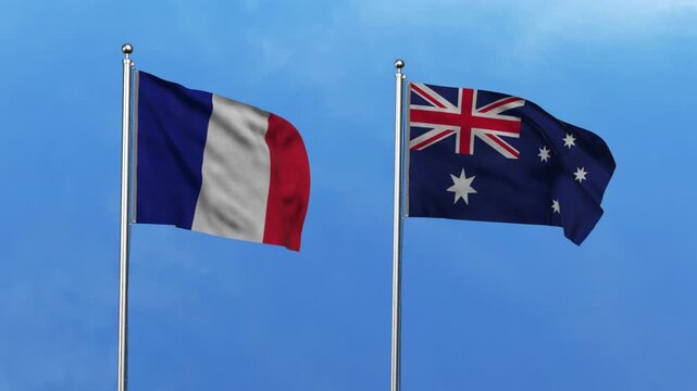 France and Australia Waving Flags, 3D Illustration.