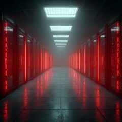 Fototapeta premium Futuristic data center corridor with red neon lights and fog reflecting on the floor, illustrating a system alert or cybersecurity breach in a high tech server room.