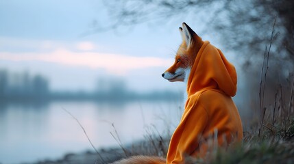 Fototapeta premium Surreal scene of a fox in a bright orange hoodie resting on a riverbank at dusk evoking calm reflection and solitude