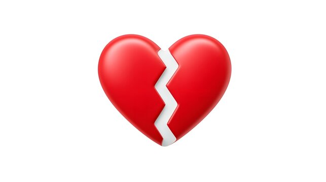 3D render of a vibrant red heart fractured down the middle by a white zigzag seam symbolizing heartbreak sadness and the end of a relationship or connection