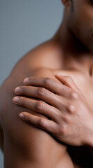Close-up of man touching shoulder highlighting muscle pain, body care and healthcare concept.