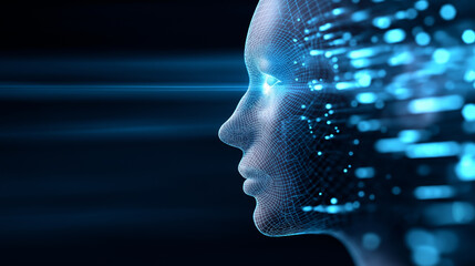 Futuristic digital human profile emitting data stream representing artificial intelligence processing and high-speed technology.