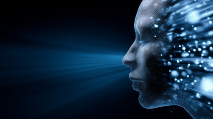 Obraz premium Futuristic digital human profile emitting data stream representing artificial intelligence processing and high-speed technology.