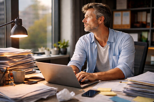 Middle-aged man working at a cluttered office desk on a laptop while turning his head to look thoughtfully out the window, surrounded by paperwork, reflecting work pressure and career stress.
