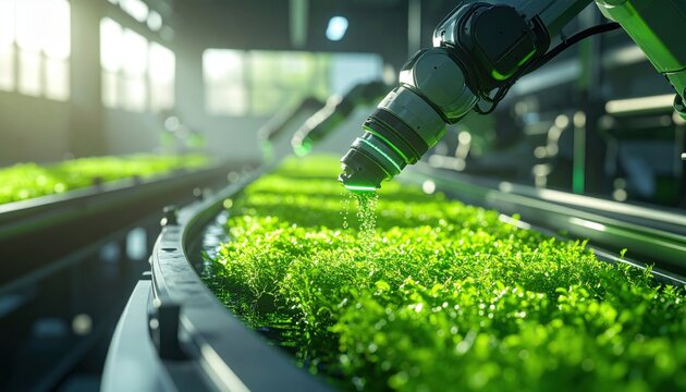 Automated robotic system precisely harvesting nutrient-rich algae from a sophisticated photobioreactor farm for sustainable food production
