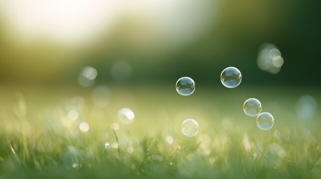 Sunlit green grass field with floating soap bubbles, warm golden sunlight, soft focus, dreamy bokeh background, serene spring atmosphere