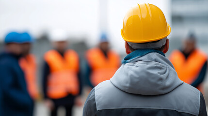 Construction worker in helmet and reflective vest supervising crew on an industrial site.
