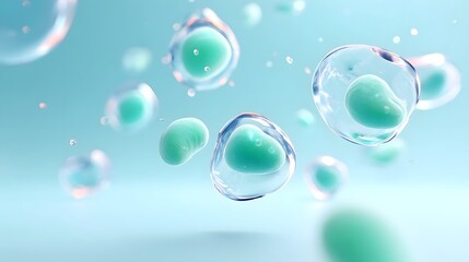 Obraz premium Abstract organic forms resembling cells or molecules suspended in translucent liquid spheres with tiny water droplets and a soft ethereal glow against a clean blue background