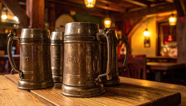 Collection of antique pewter tankards with ornate handles and engraved designs displayed on a wooden table in a dimly lit tavern