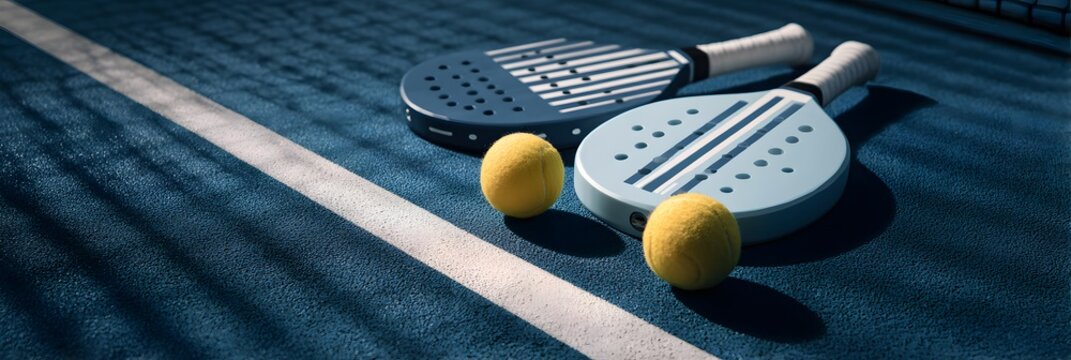 Minimal padel rackets and balls on court in deep blue and yellow sporty tones