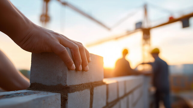 Construction worker laying bricks and building a wall at a construction site during sunset.