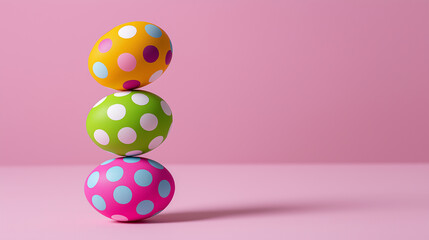 Stack of colorful polka dot Easter eggs balanced vertically on a pink pastel background.