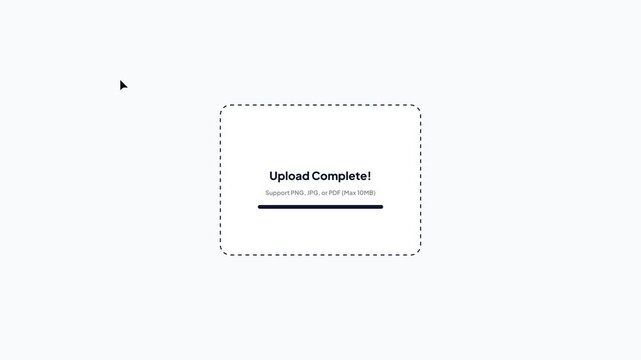 User interface element confirming successful digital file upload or data submission, presented with a clear 'Upload Complete!' message in a clean, contemporary design