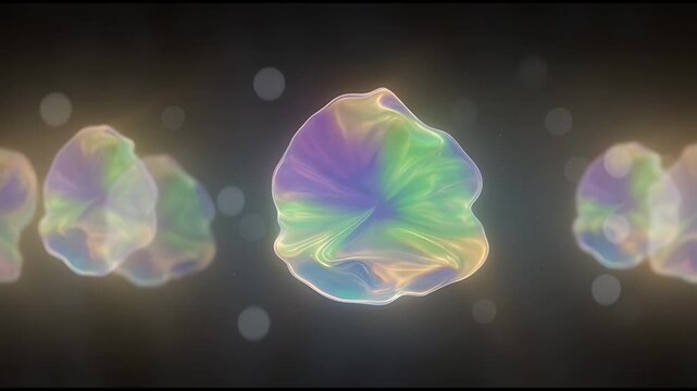 Abstract artistic representation of organic forms with colorful, iridescent surfaces in front of dark background