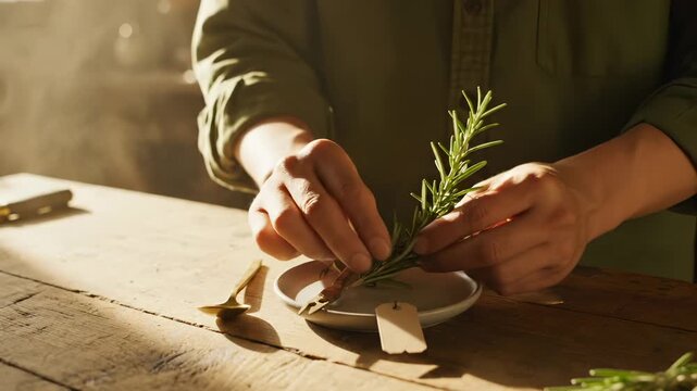 Person holds fresh rosemary sprig above plate on wooden table. Chef prepares rosemary herb for cooking. Hand with rosemary in sunlit kitchen. Fresh herb preparation on wooden restaurant table.