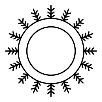 Minimalist Winter Snowflake Circle Frame Line Art Illustration, round frame with floral ornament, Hand-drawn black and white frame