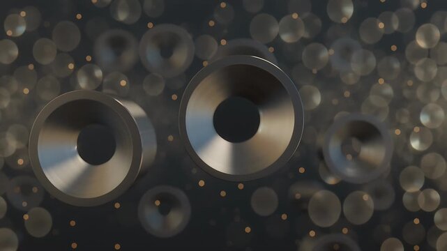 Abstract of three metallic ring-shaped objects, showcasing their elegant forms and textures, floating among sparkling spheres, creating an atmosphere of sophistication and modernity