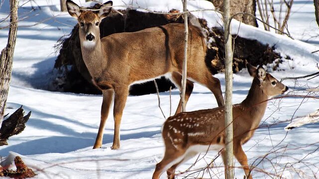 Mother white-tailed deer and fawn in the woods in a snowy winter, mp4 video. AI