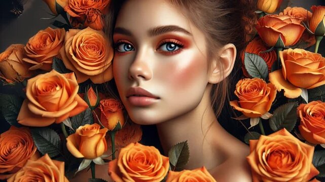 Young woman portrait video framed by dense vibrant orange roses creating romantic floral scene