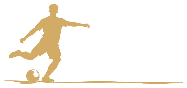 Vector golden silhouette illustration of a soccer player kicking a ball