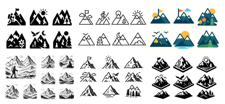Outdoor icons with mountain peaks flag sun colorful