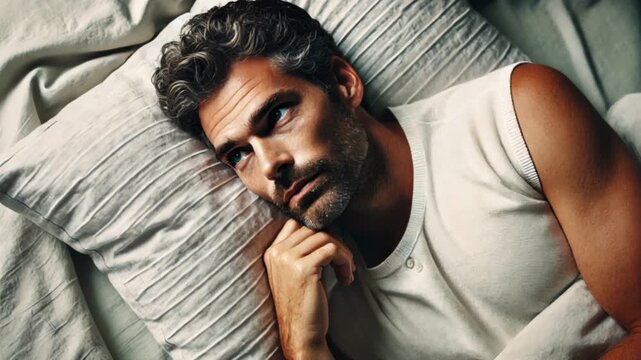 Video of adult man with salt and pepper hair resting peacefully on bed with white pillow