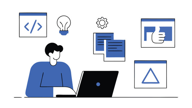 Programmer sitting with laptop abstract concept vector illustrations