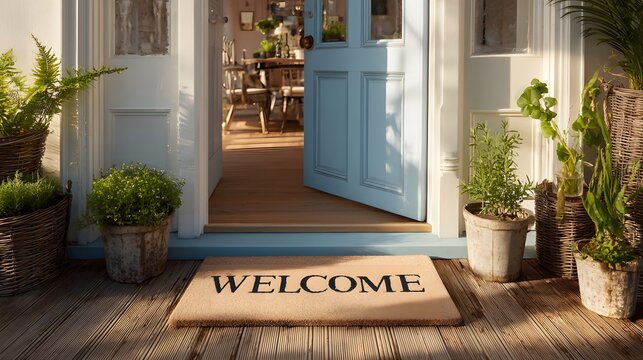 Incredibly inviting front porch with a light blue door slightly ajar streaming warm golden afternoon sunlight onto a classic WELCOME mat.