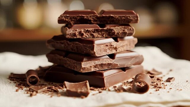 Professional shot of dark chocolate stack with chocolate curls