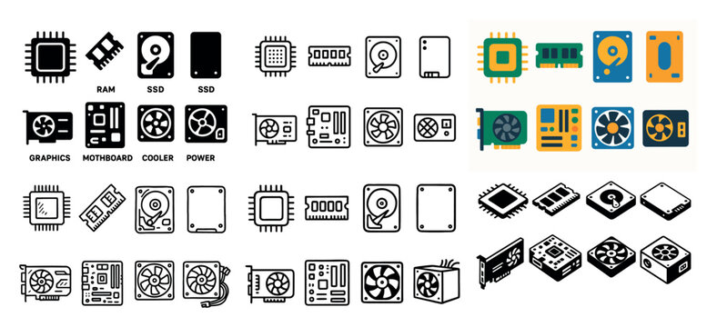 Computer hardware icons with chip fan ssd colorful