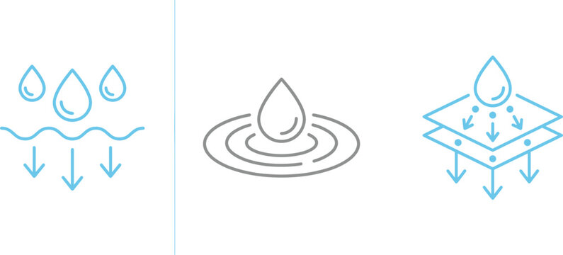 Water filtration and absorption process icon set with droplets ripple effect and layered penetration arrows minimal vector illustration