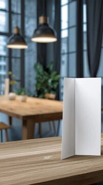 Bifold Card Mock Up on a Wooden Table in a Cafe Setting with Copy Space