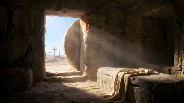 Realistic Depiction of an Ancient Empty Tomb with Rolling Stone and Radiant Light, Resurrection Concept