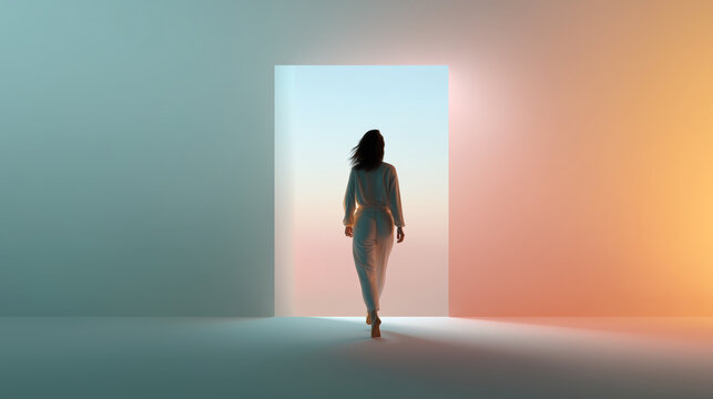 Woman in white clothing walking towards a bright door with gradient background symbolizing hope and new beginnings in a serene environment