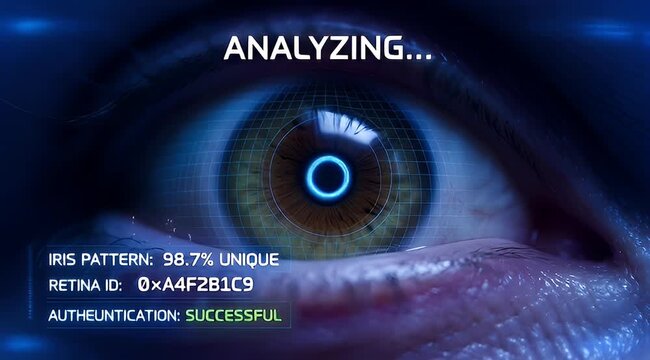 Futuristic eye scan analyzing iris pattern and authenticating access successfully with unique retina id