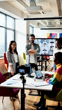 Diverse team collaborates on a virtual presentation during a modern office meeting showcasing remote work digital communication and innovative business strategies for global collaboration