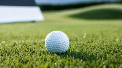 Fototapeta premium White golf ball is sitting on a green grass field. The ball is the center of attention and the field is the background