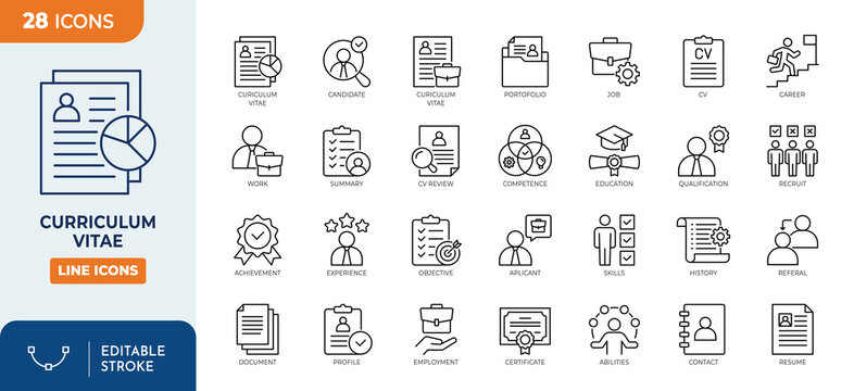Curiculum Vitae icon set. Contain icons related to employee resume, profile, experience, education, summary, contact, skills, portfolio, and more. editable stroke. Vector illustration