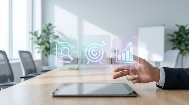 タブレット上に監査目標と成果指標を表示する日本人ビジネスパーソン